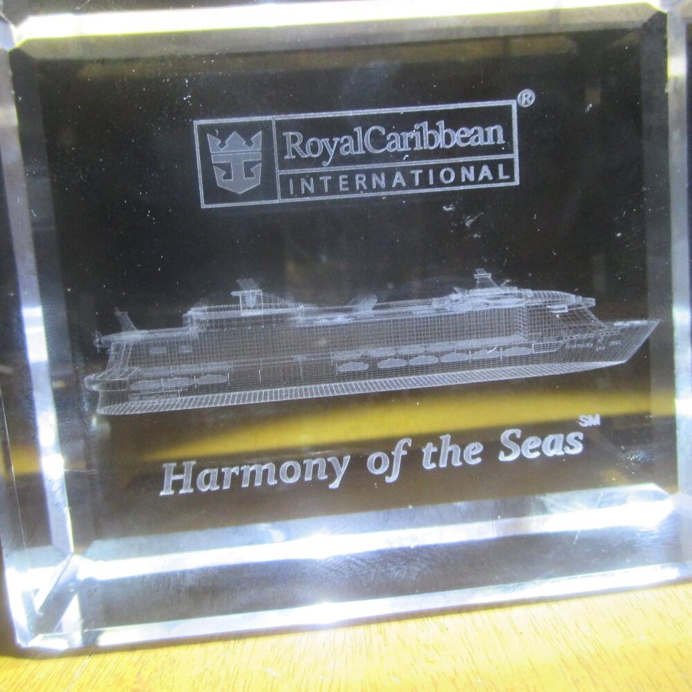 Royal Caribbean Harmony of The Seas 3D Etched Crystal Block Cruise Paperweight